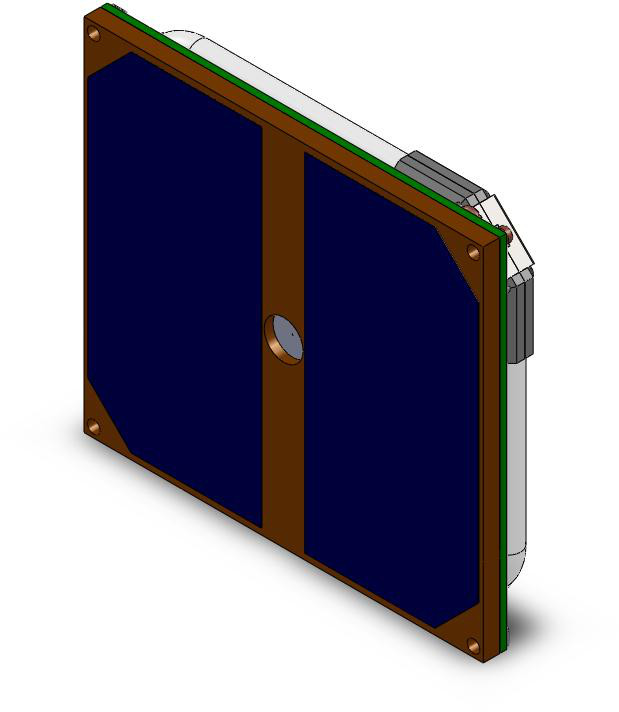 Front view of the model of a satellite's highly integrated side panel with solar antenna and magnetorquer