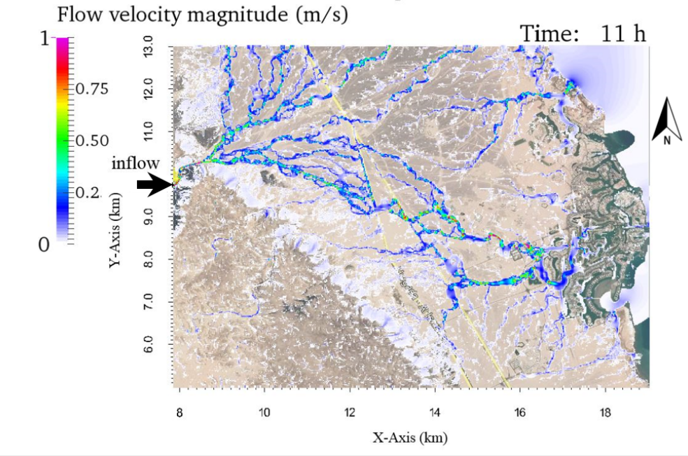 Simulated flow velocities in m/s after 11 hours of simulation, plotted on a map of El Gouna