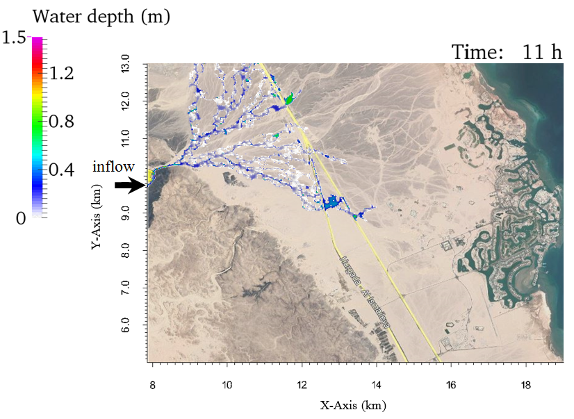 Simulated water depth after 11 hours plotted on a map of El Gouna (©Google 2017) with consideration of infiltration (sandy clay loam with an initial water content of 4 %)
