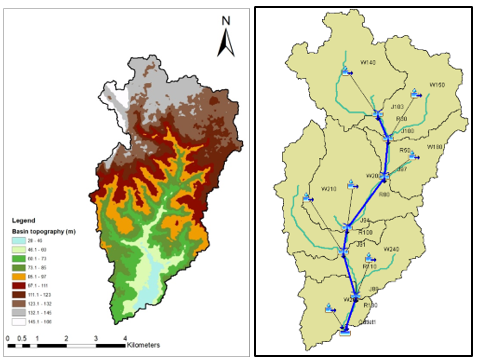 Abidjan selected catchment (topography (left), Hec-hms model setting up (right))
