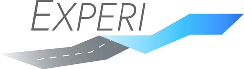 Das Logo von EXPERI. Es steht "EXPERI" in grauer Schrift über einer grauen, illustrierten Straße, die rechts blau wird.