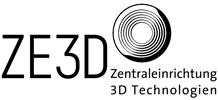 Das Logo der Zentraleinrichtung 3D Technologien. Es sind rotierende Ringe innerhalb von Ringen mit den Schriftzügen "Zentraleinrichtung 3D Technologien" und "ZE3D".