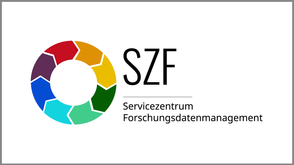 Das Logo des Servicezentrums Forschungsdatenmanagement der TU Berlin, zeigt einen Kreis aus mehrfarbigen geometrischen Segmenten. In schwarzer Schrift steht rechts daneben der Name der Einrichtung: SZF - Servicezentrum Forschungsdatenmanagement
