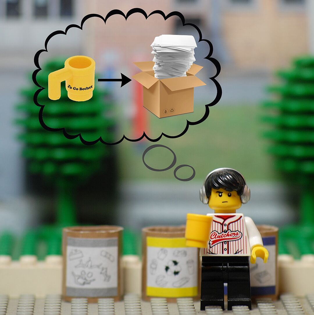 Ausschnitt aus einem Lego-Video, Abfalltrennung, To-Go-Becher
