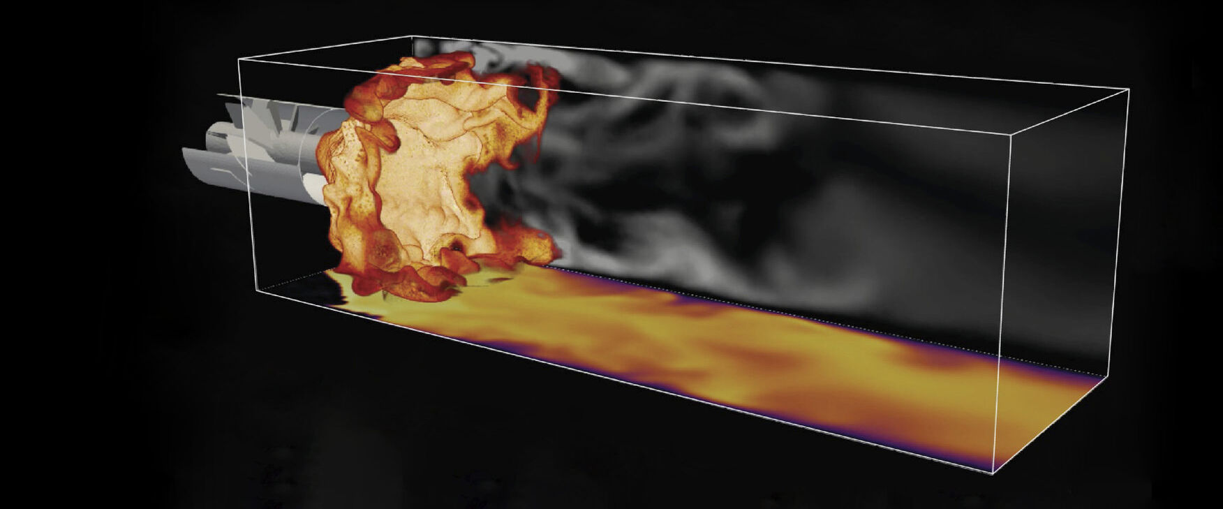 3D-hochaufgelöste numerische Strömungssimulation einer Drallflamme. Im Hintergrund ist das instationäre Temperatur- (farbige Skala) und das Geschwindigkeitsfeld (schwarz-weiss Skala) zu sehen. 