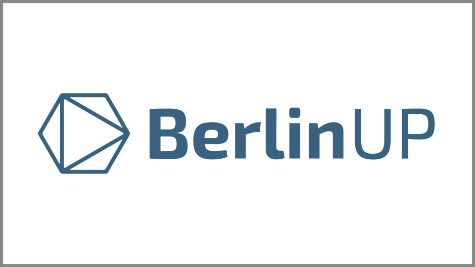 Das Logo des Verlags zeigt ein Octaeder neben dem blauen Schriftzug BerlinUP 