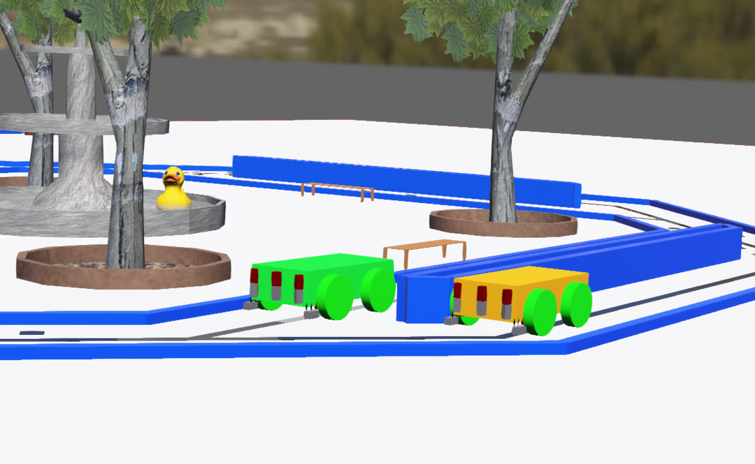 Zwei Fahrzeuge in einer Simulation mit Bäumen und einer Gummiente.