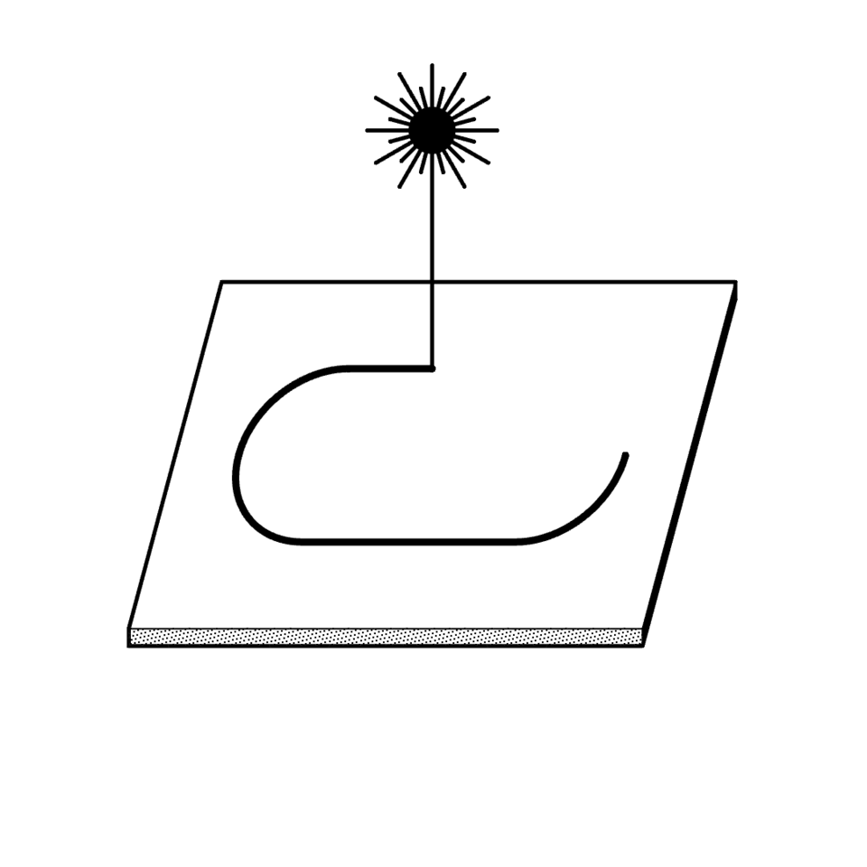 Prinzipschema Laserschneiden und -gravieren mit einer Materialplatte in der ein Laser eine Spur hinterlässt.