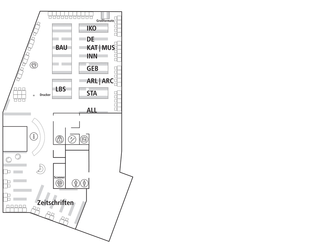 Grafische Darstellung der Aufstellung der Bestände in der Bereichsbibliothek Architektur 1. Etage