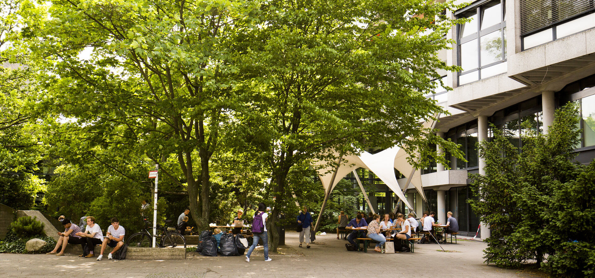 Studierende sitzen auf der Rückseite des Architekturgebäudes auf Bänken unter Bäumen