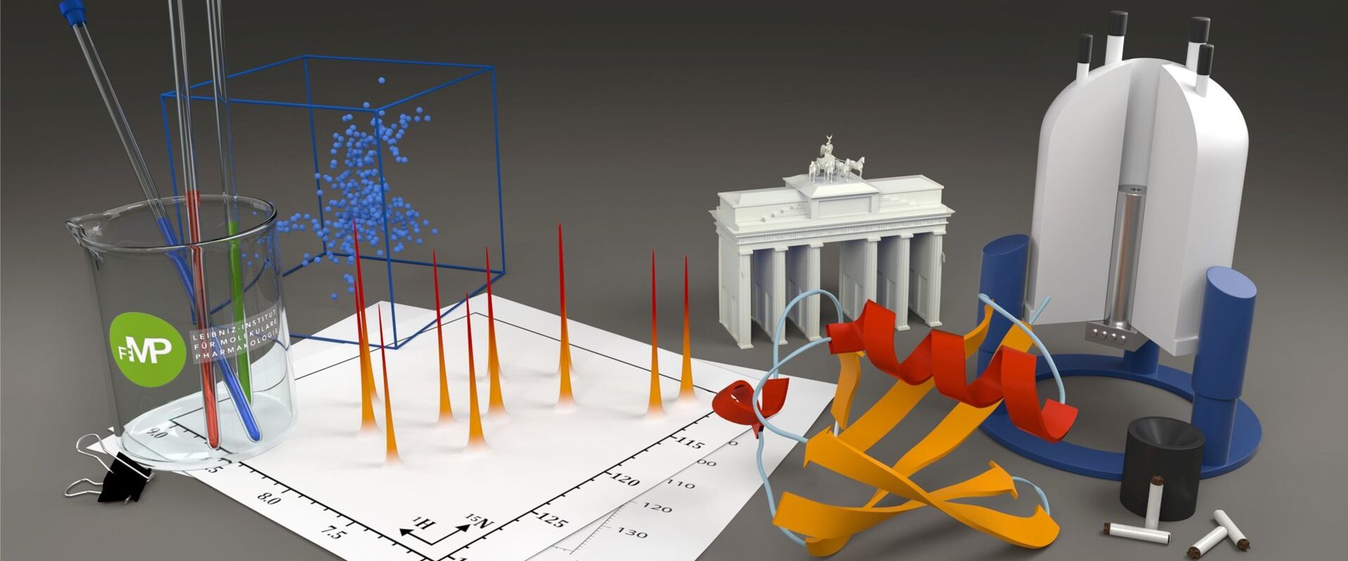 Becherglas mit Röhrchen, 3D Strukturen, Brandenburger Tor, NMR Magnet
