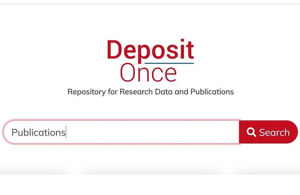 Es ist der Suchschlitz des Repositoriums "DepositOnce" auf der dortigen Startseite zu sehen. Im Suchschlitz steht das Wort "Publications".