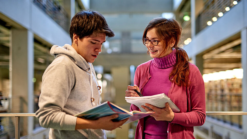 Two students discussing in the library