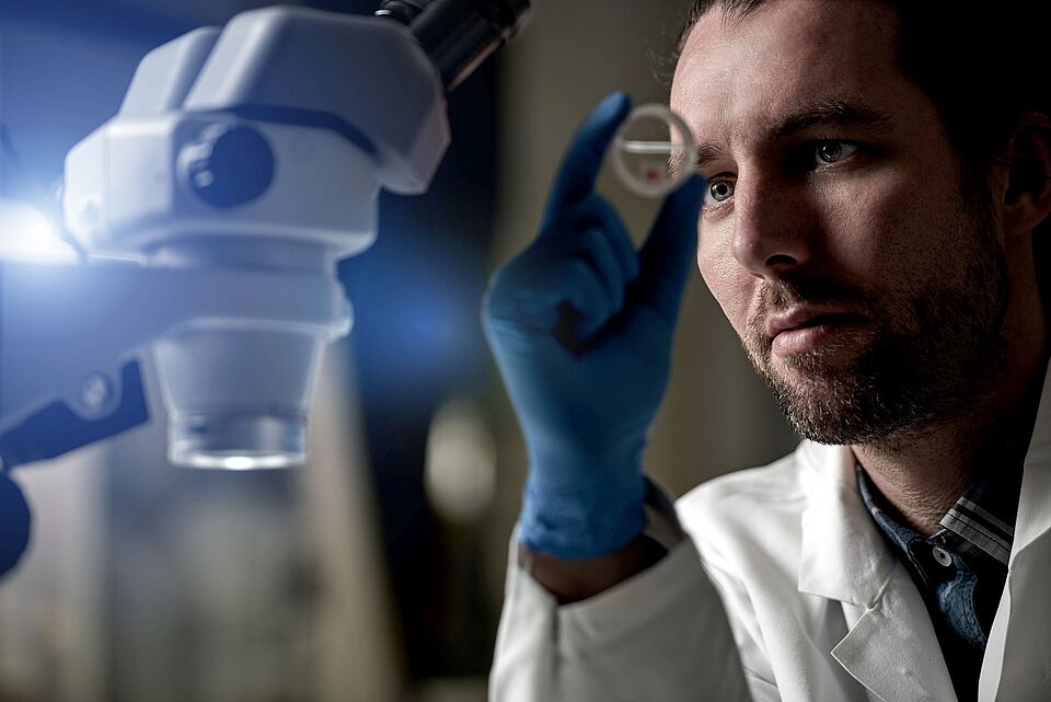 Wissenschaftler der Technischen Universität Berlin im Labor der Medizinischen Biotechnologie ein gedrucktes Teil eines Lebermodells betrachtend