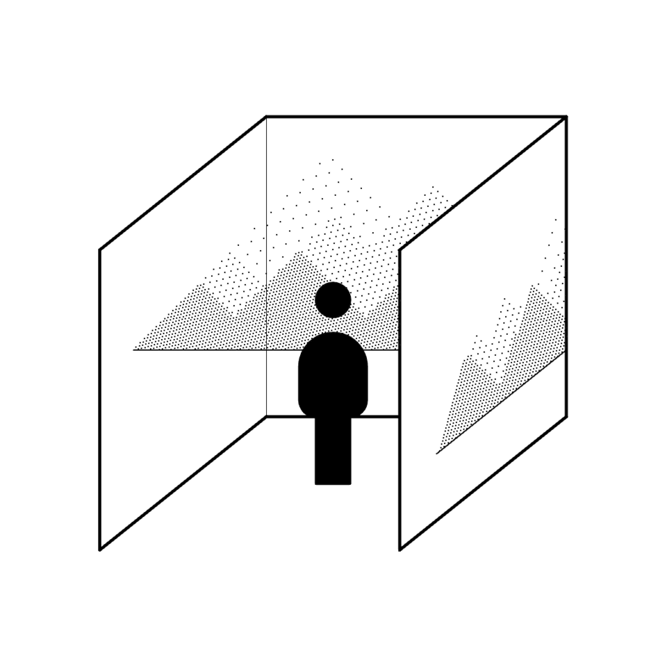 Prinzipschema CAVE mit einer Person, die sich innerhalb dreier senkrecht stehender Projektionswände befindet.