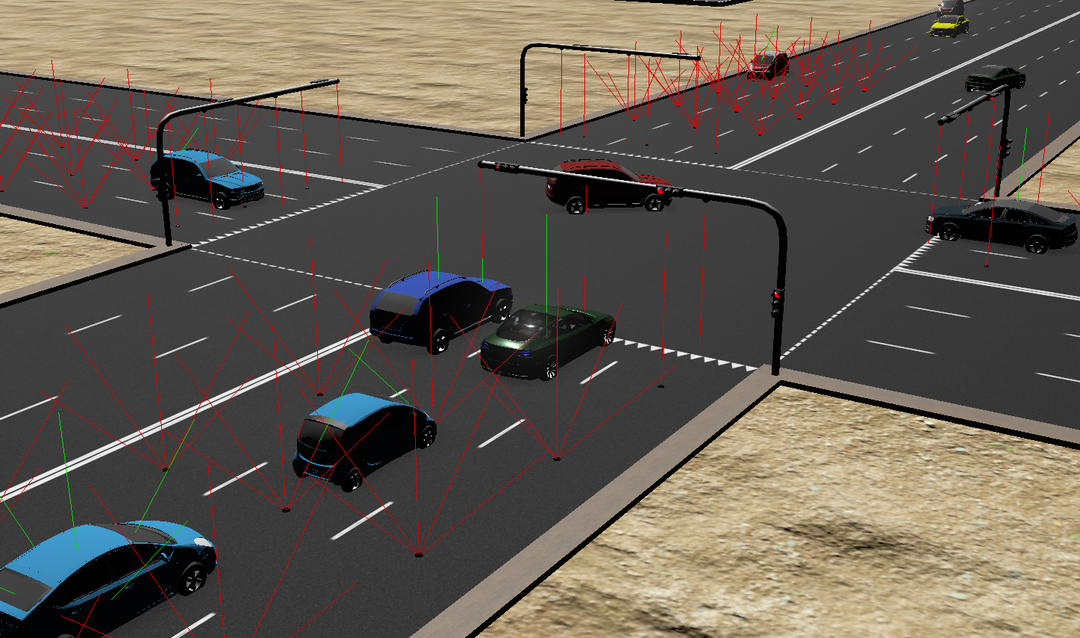 Eine simulierte Kreuzung mit Fahrzeugen.