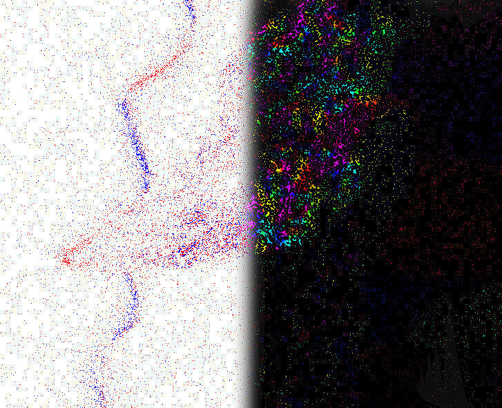 Schlierenfotografie des menschlichen Atems. Links sieht man die Pixel von der Eventkamera, rechts das Endergebnis aus der Kombination von Eventkamera und normaler Kamera. Die Farben links geben an, ob ein Pixel eine positive oder negative Helligkeitsänderung angezeigt hat. Die Farben rechts zeigen die Richtung der Bewegungsänderung der Atemwolke an. 